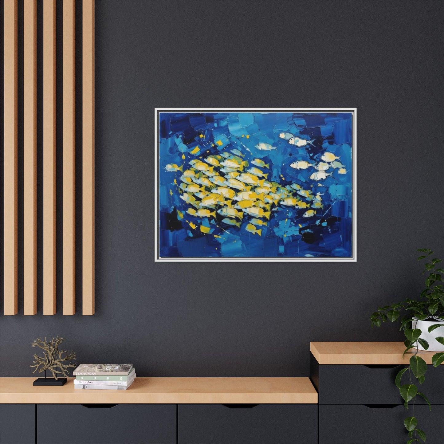 Framed Matte Canvas: Blue School of Fish Wall Art