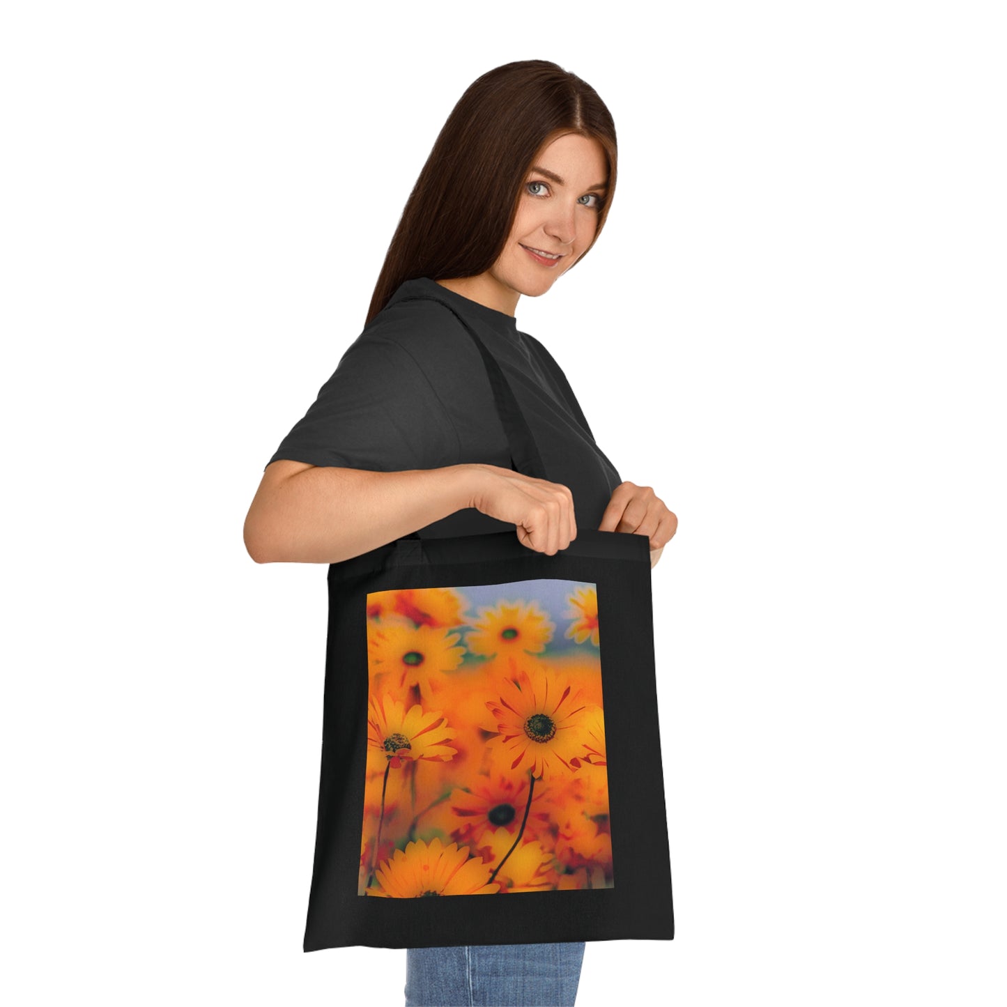 Floral Sunburst Cotton Tote — Bright Orange Daisy Print
