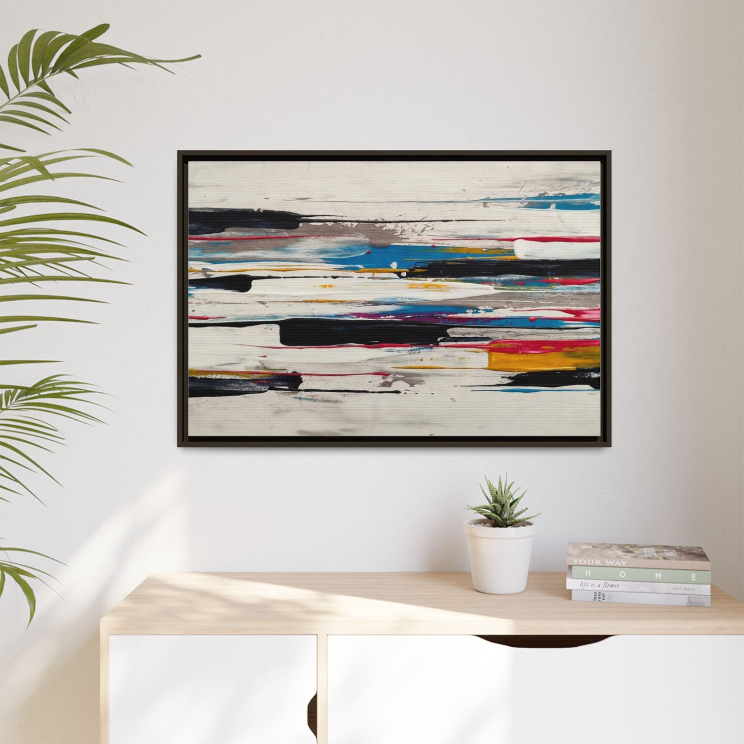Abstract Multi-Color Framed Canvas Wall Art — Modern Horizontal Brushstroke Print
