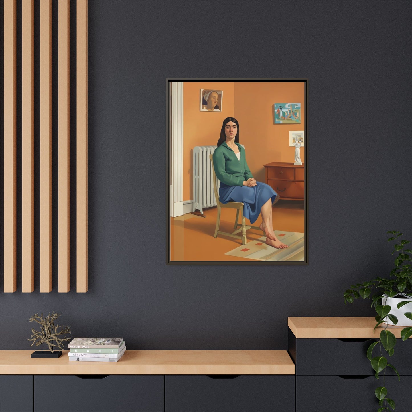Framed Matte Canvas Print — Woman Seated in Warm Interior (Midcentury Portrait)