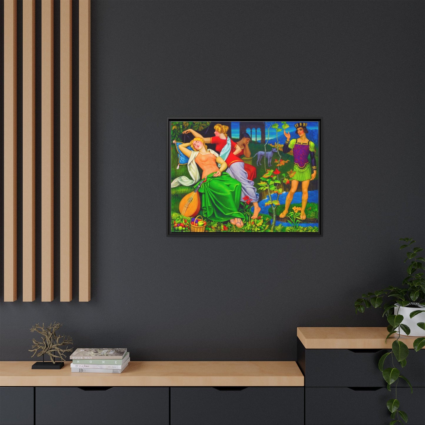 Framed Matte Canvas Art — Colorful Mythic Garden Scene