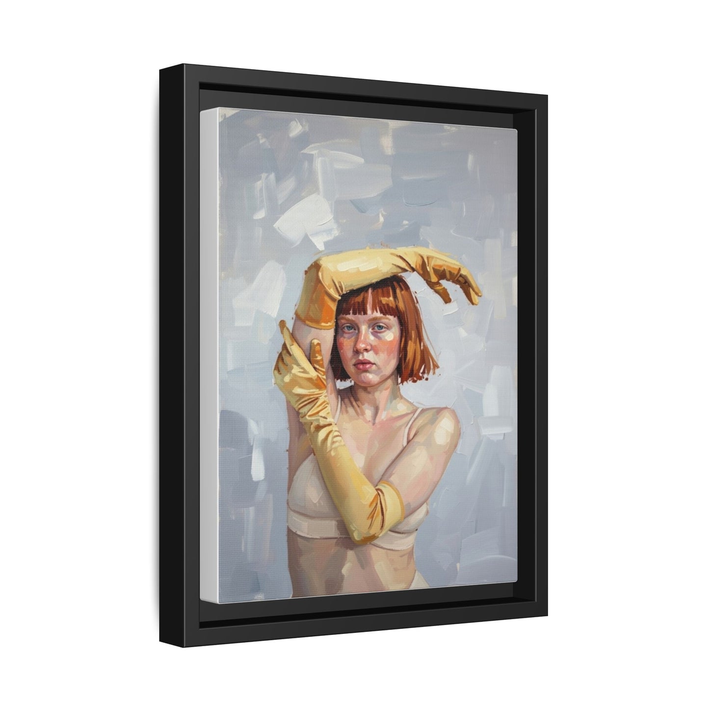 Contemporary Portrait Canvas Print — Woman with Yellow Gloves (Framed Matte)