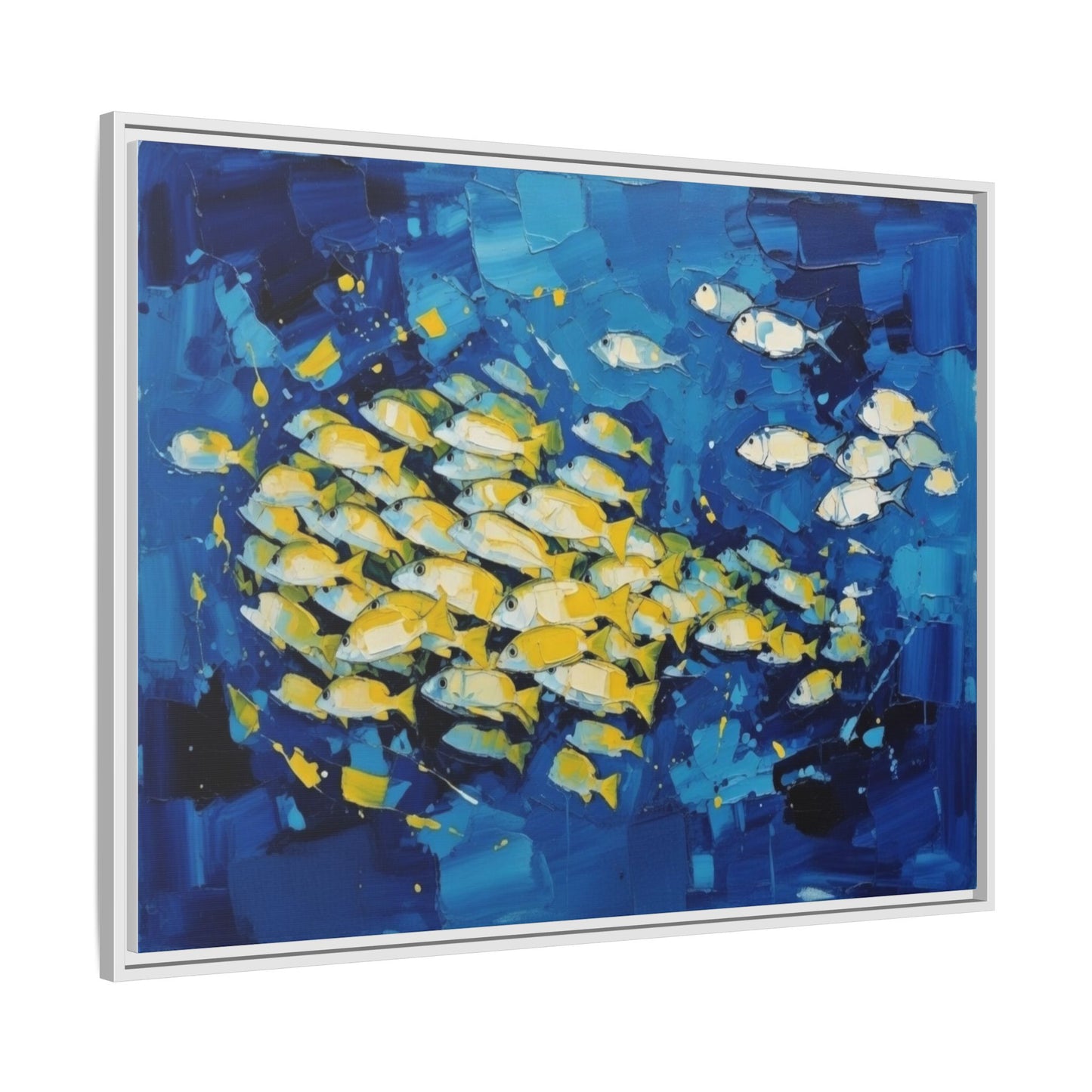 Framed Matte Canvas: Blue School of Fish Wall Art