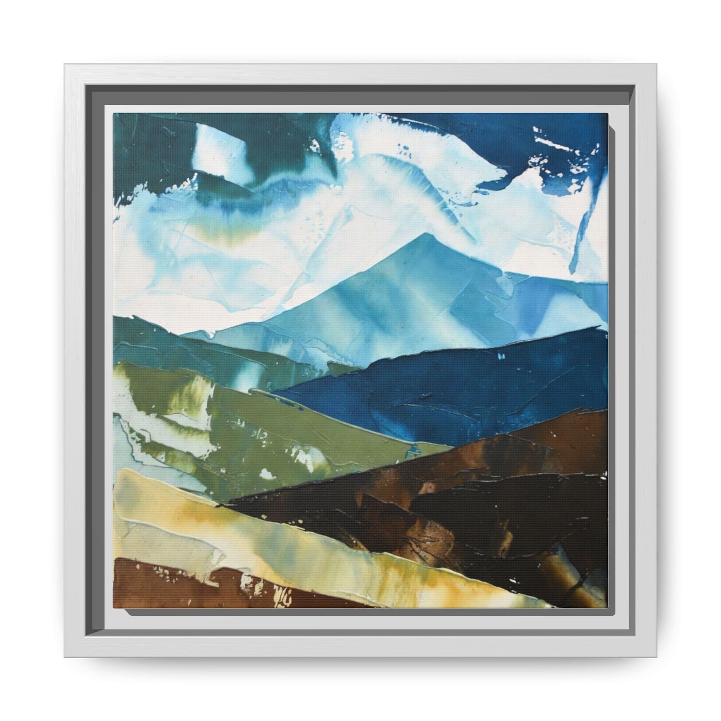 Framed Abstract Mountain Canvas Art — Blue & Earthtone Landscape Print