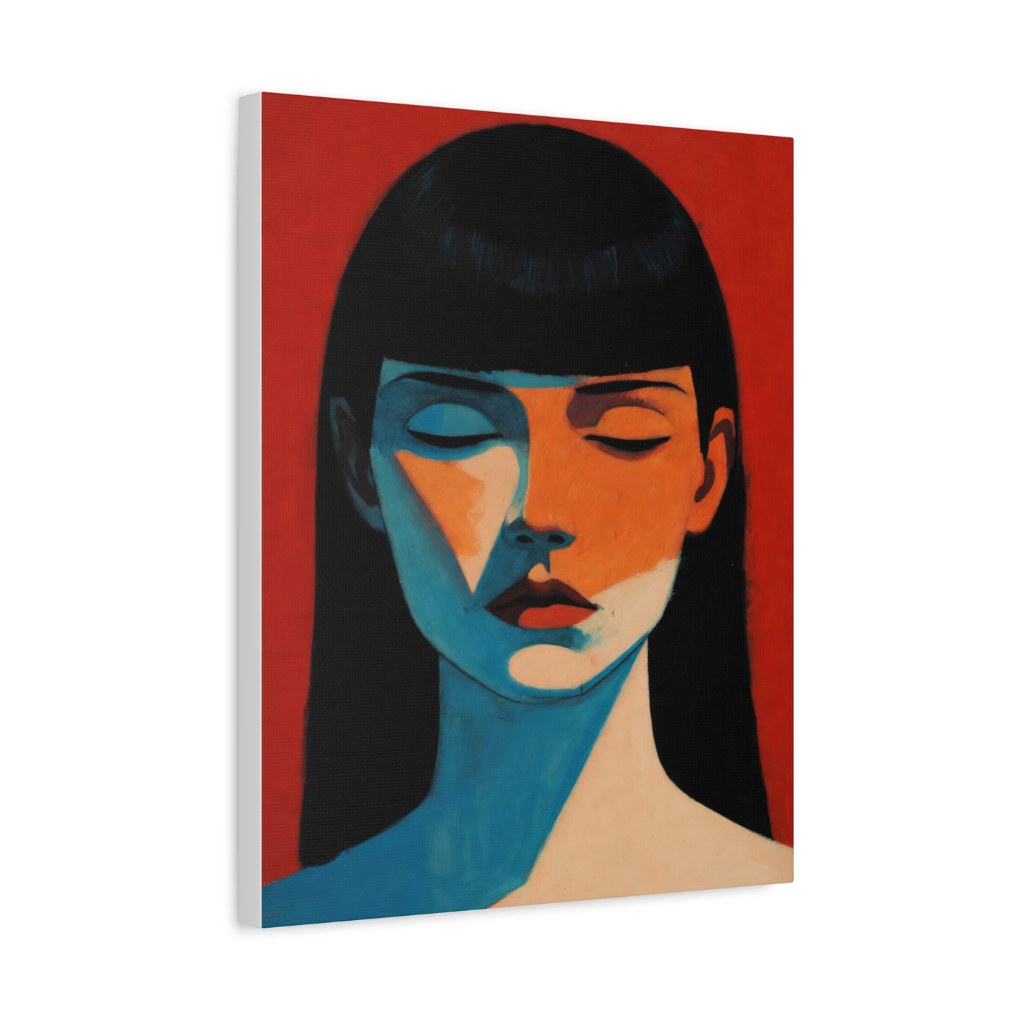 Portrait Canvas Wall Art — Modern Minimalist Woman in Red & Blue