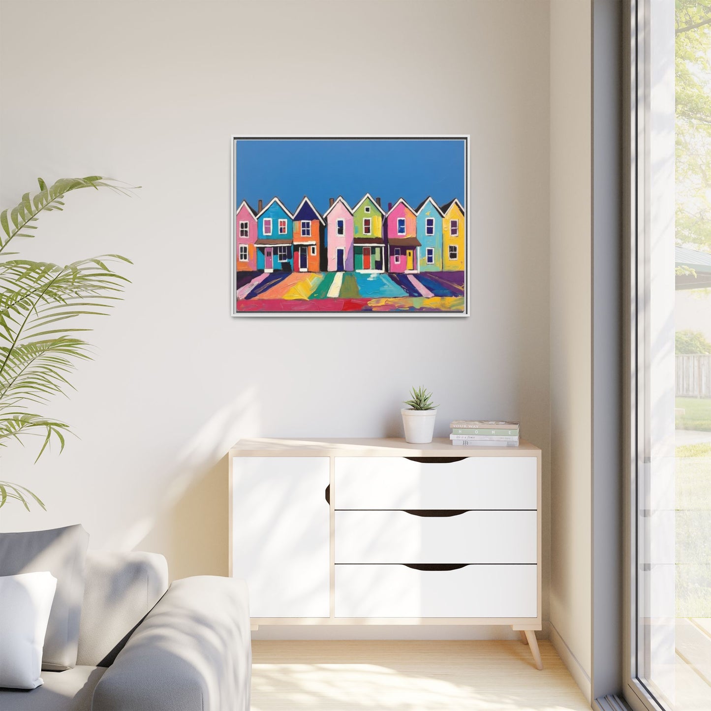 Colorful Beach Houses Matte Canvas Framed Wall Art