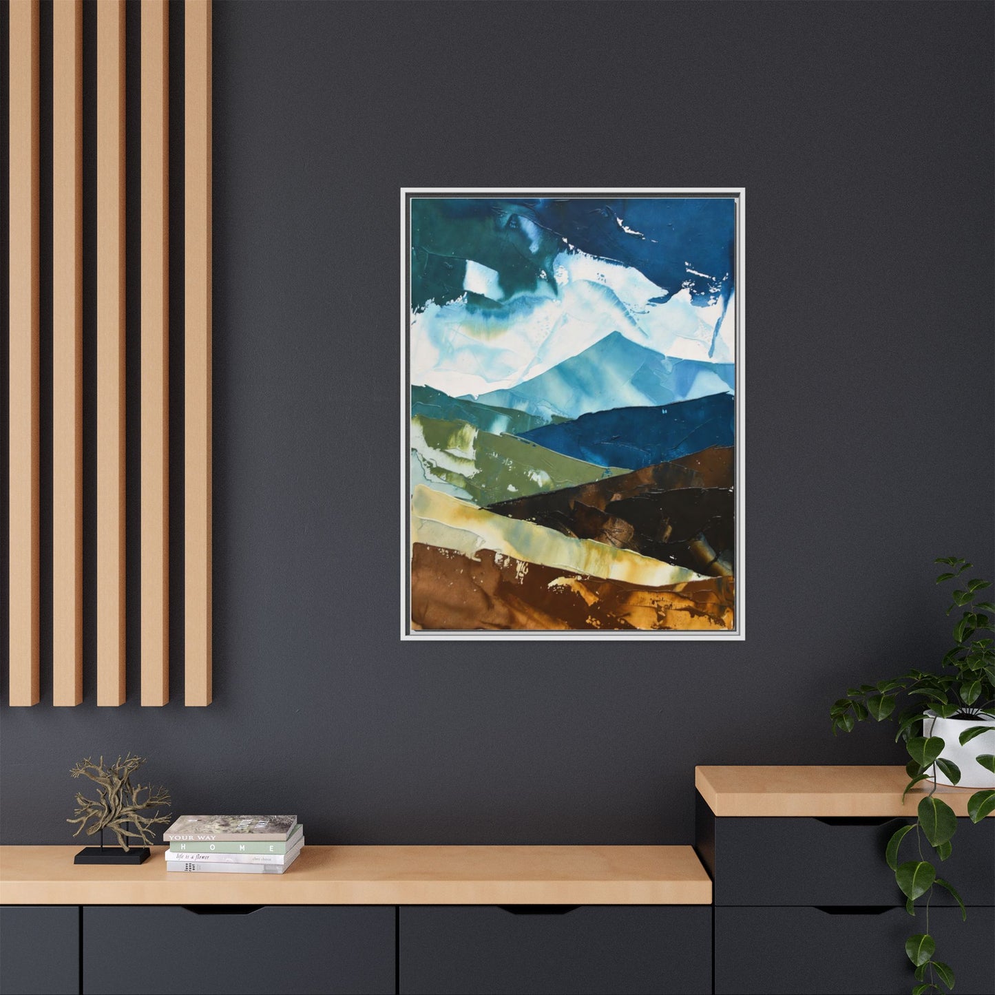 Framed Abstract Mountain Canvas Art — Blue & Earthtone Landscape Print