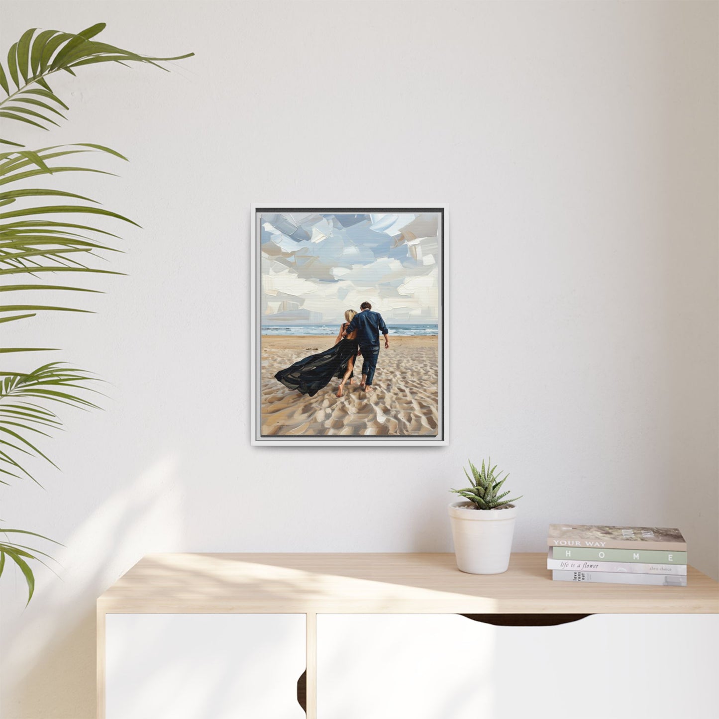 Framed Canvas Wall Art — Romantic Couple Walking on Beach Print