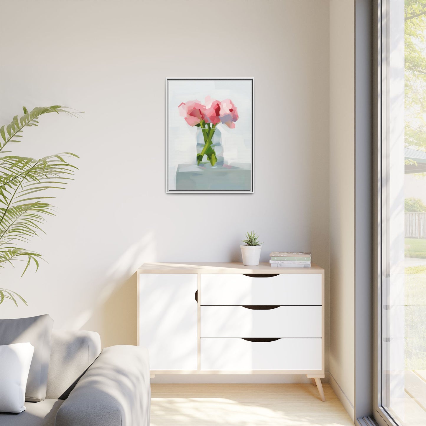Framed Floral Canvas Art — Pink Peonies in Vase (Matte)