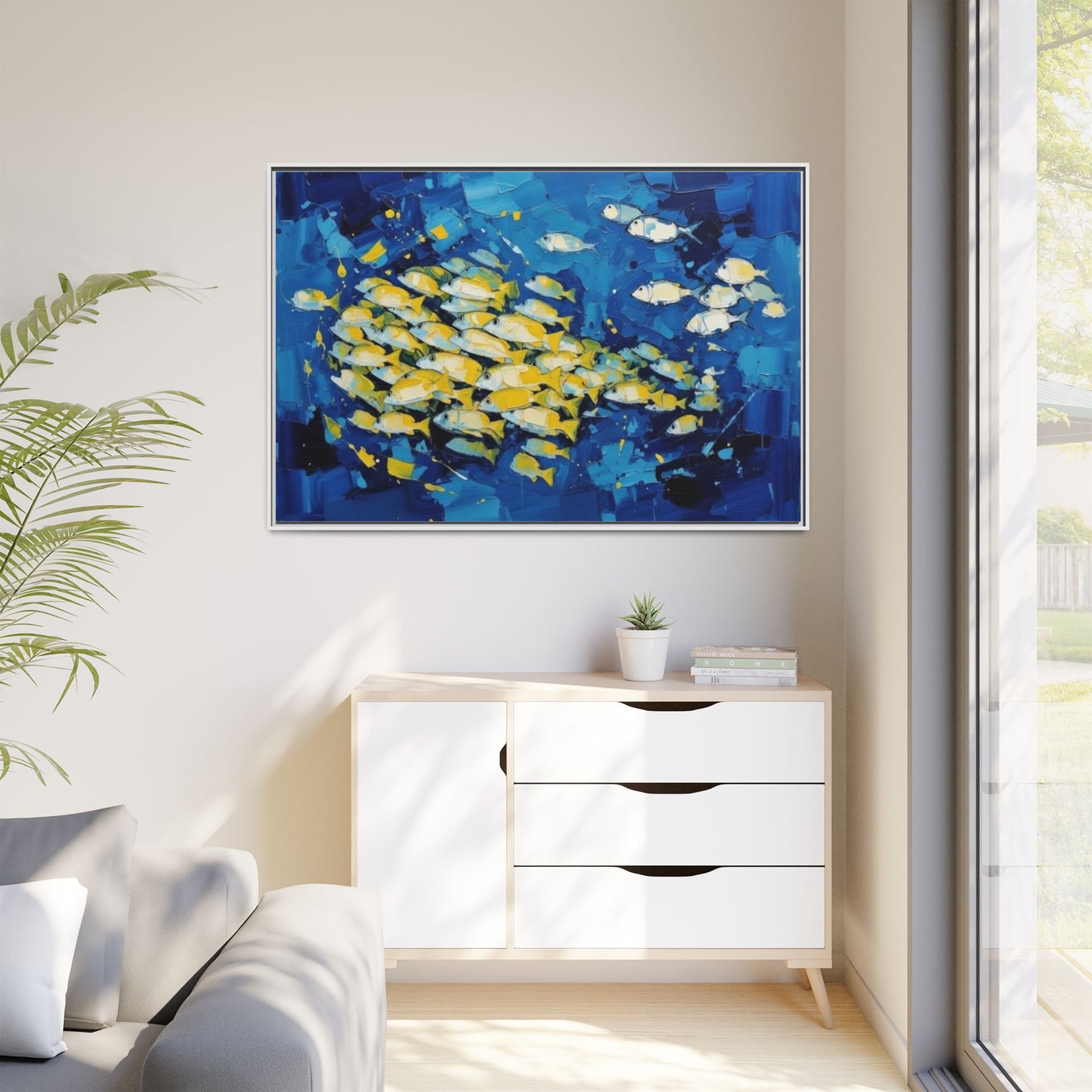 Framed Matte Canvas: Blue School of Fish Wall Art