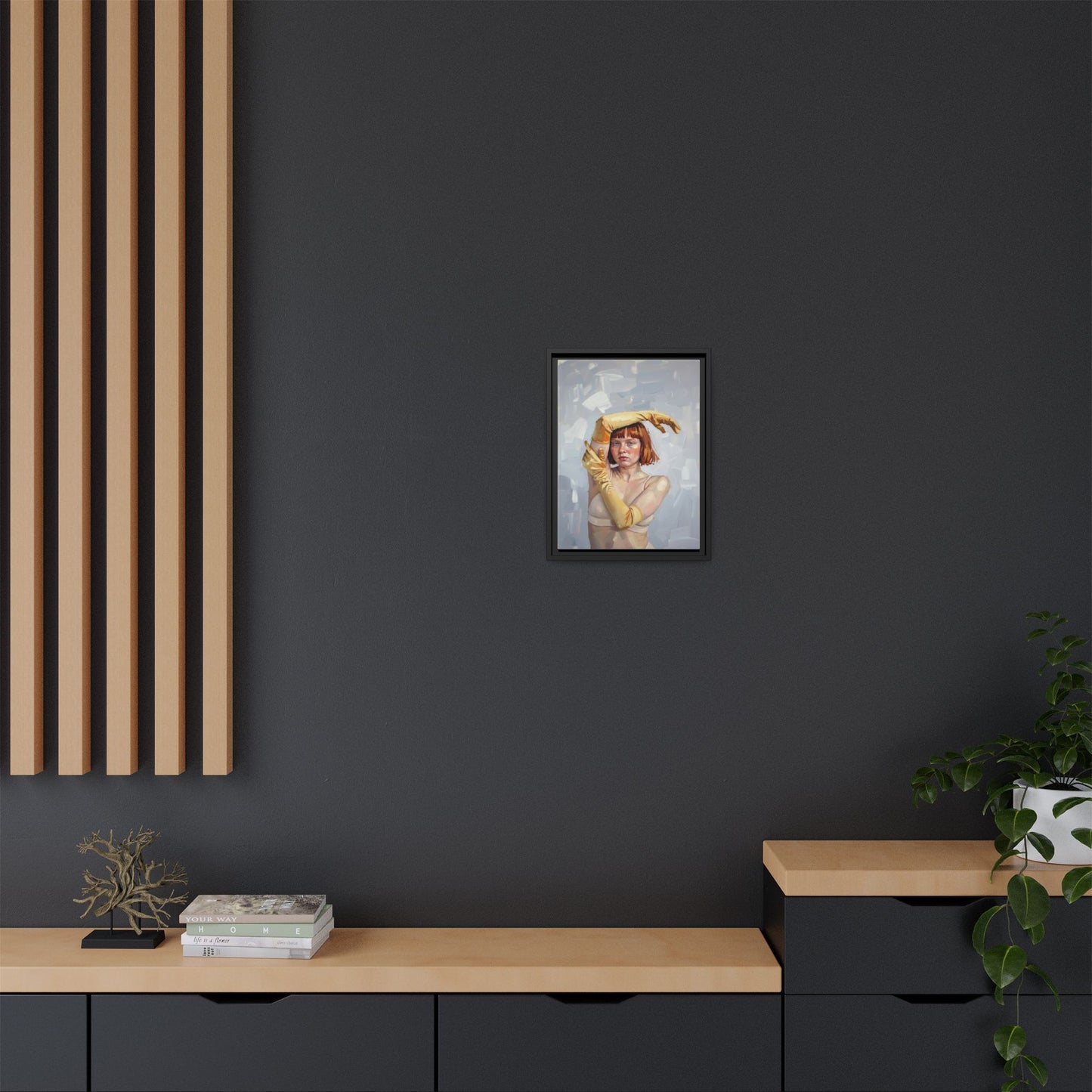 Contemporary Portrait Canvas Print — Woman with Yellow Gloves (Framed Matte)
