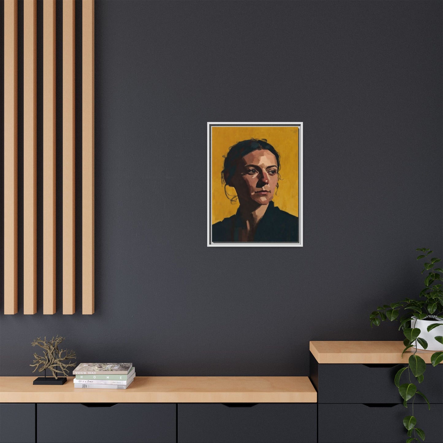 Framed Matte Canvas Portrait Art — Moody Woman on Mustard Background