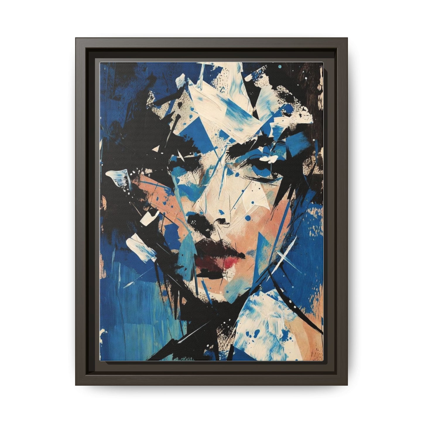 Abstract Portrait Matte Canvas Framed Wall Art — Blue Mixed-Media Face Print