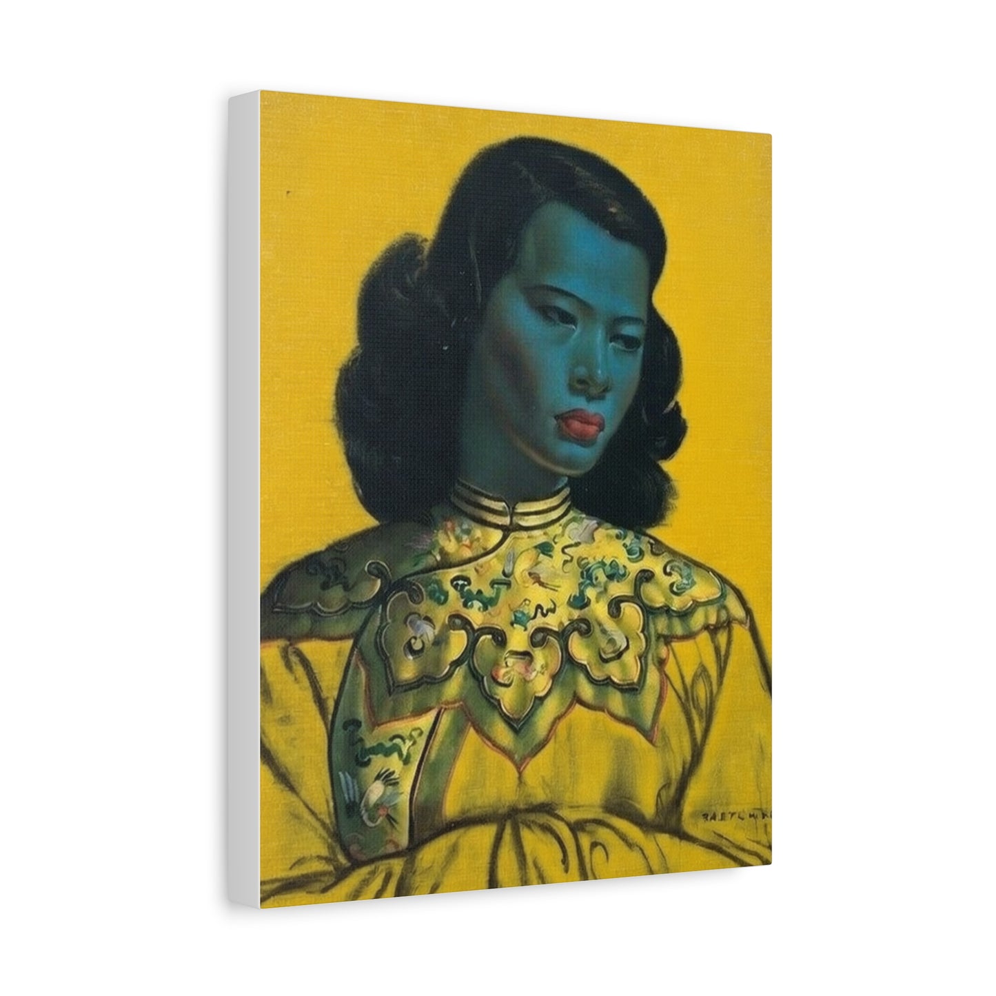 Vintage Portrait Canvas Print — Mid-Century Asian Woman Art on Yellow Background