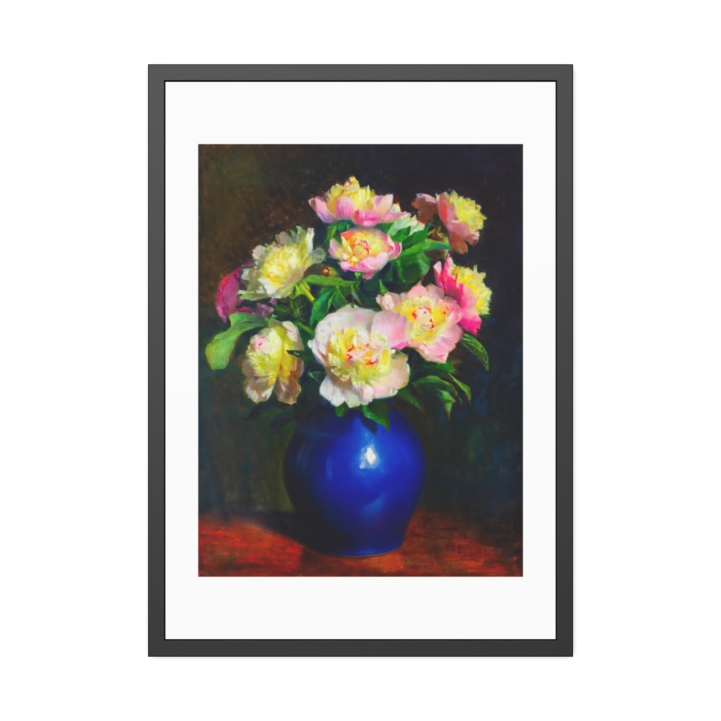 Framed Floral Poster — Pink Peonies in Blue Vase Wall Art