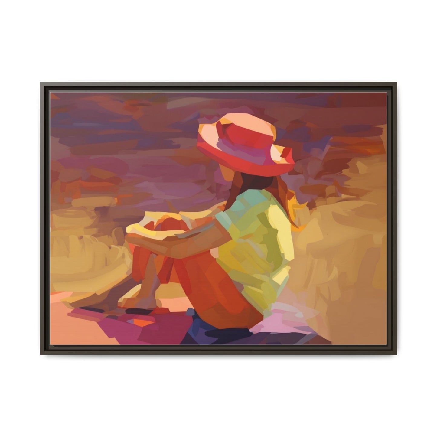 Framed Matte Canvas — Colorful Seated Girl Beach Art