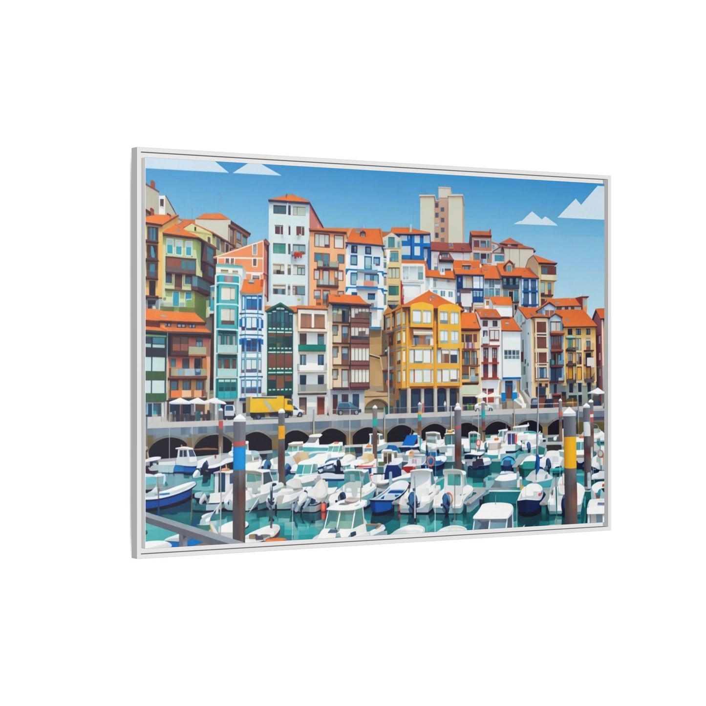Framed Matte Canvas Print — Colorful Mediterranean Harbor Illustration