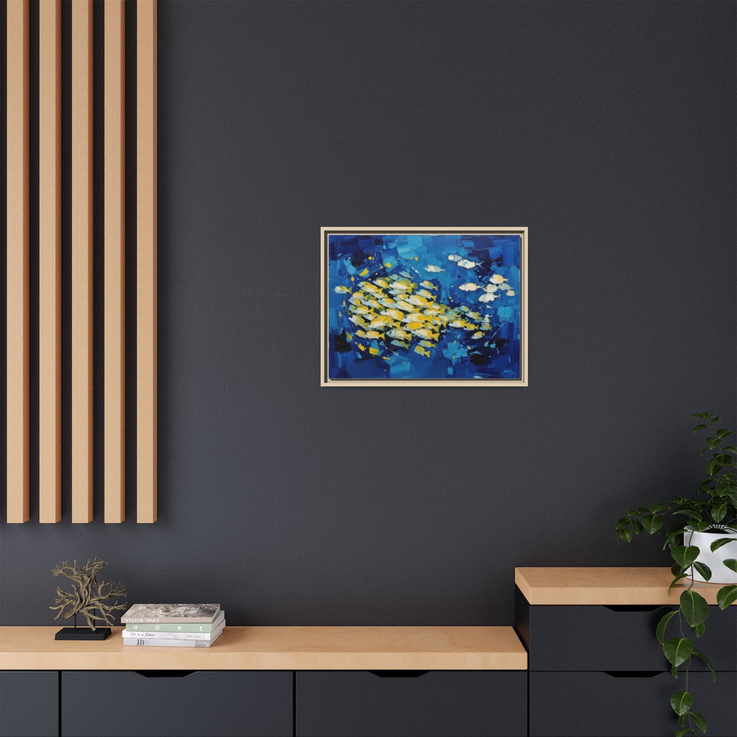 Framed Matte Canvas: Blue School of Fish Wall Art