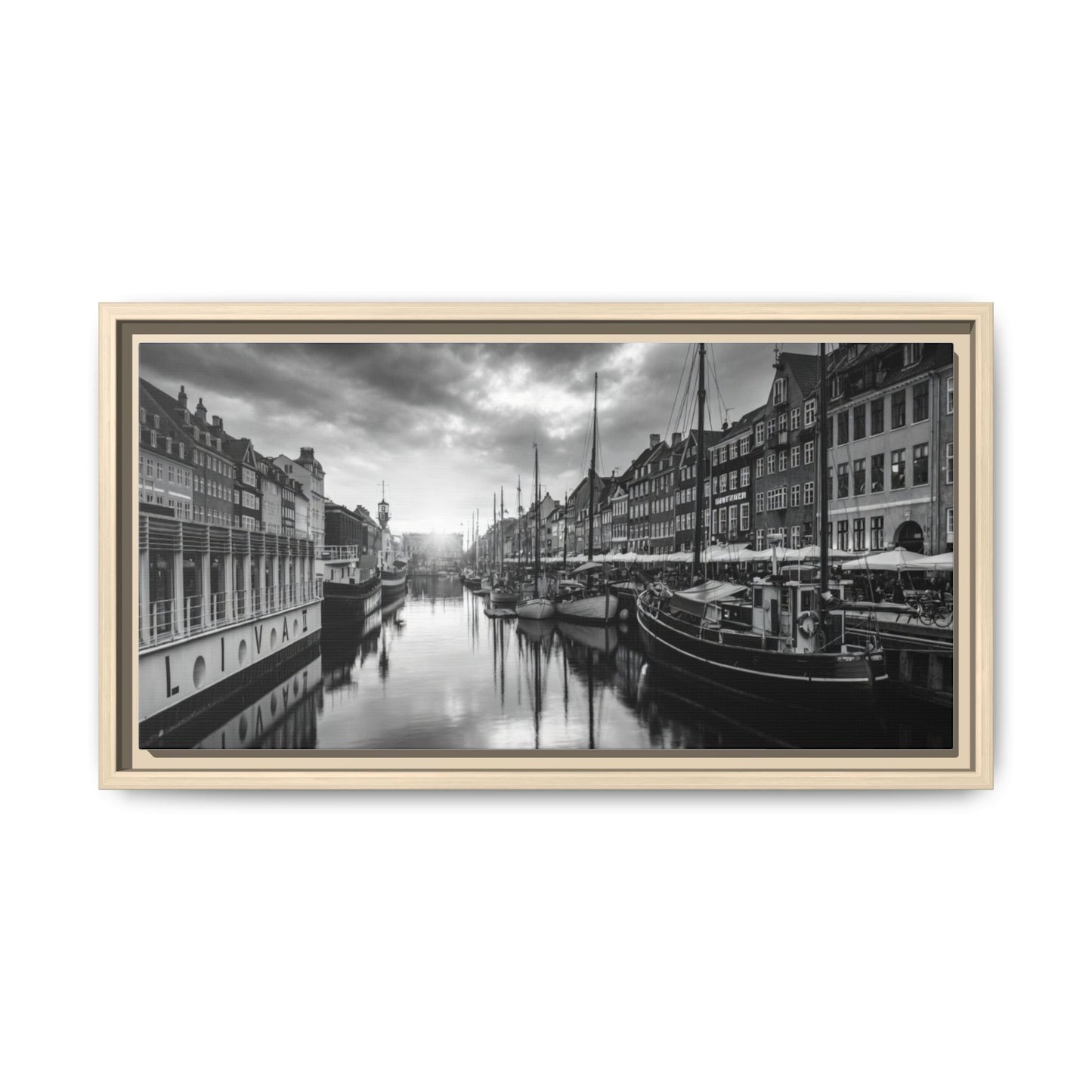 Framed Matte Canvas: Black & White Dutch Canal Photography Wall Art