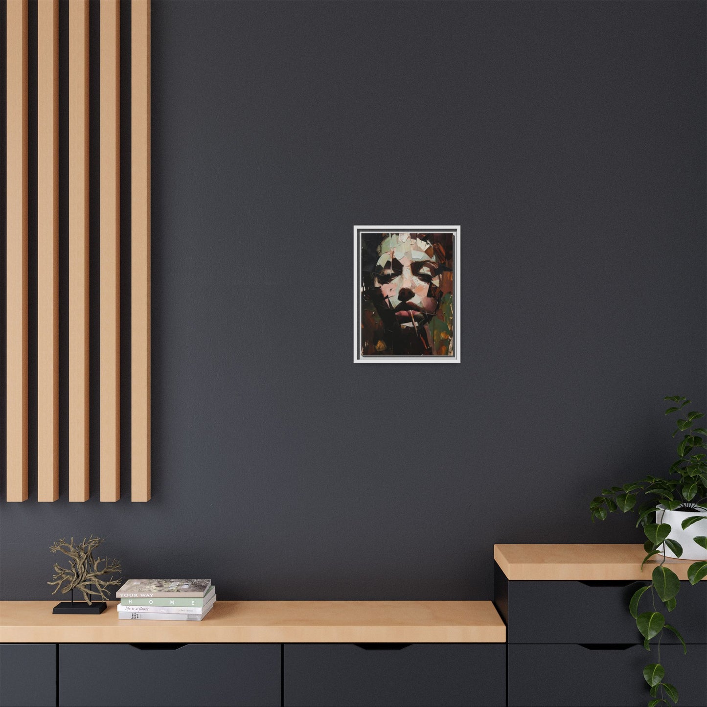 Matte Framed Canvas Art — Abstract Female Portrait, Moody Multicolor
