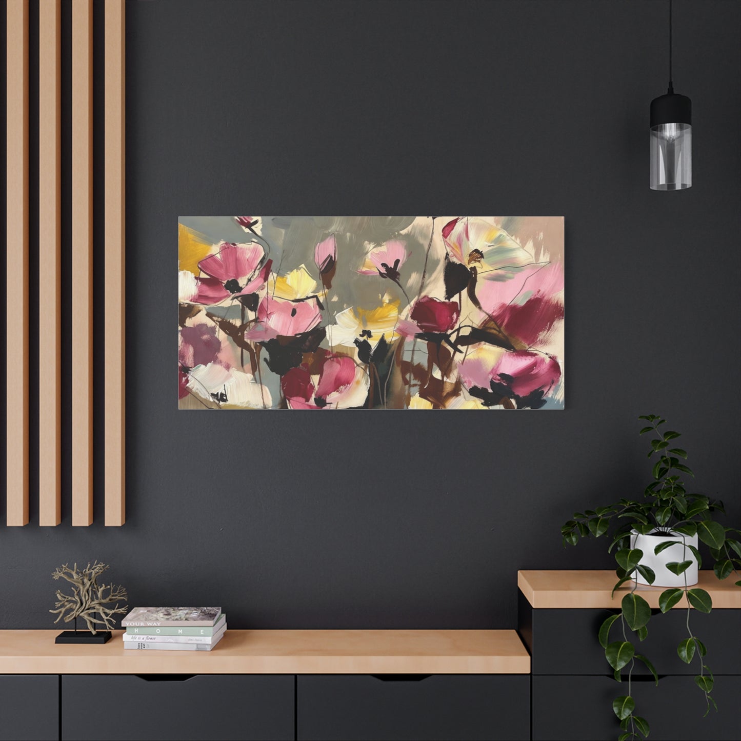Floral Abstract Canvas Wall Art — Pink & Yellow Bloom Stretched Matte Print