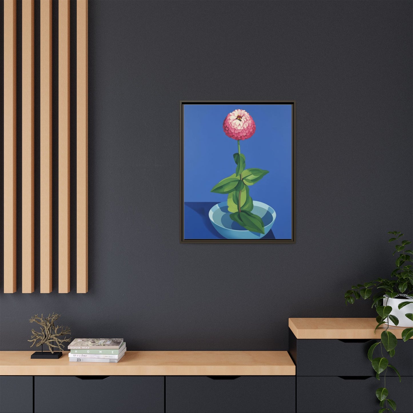 Framed Matte Canvas Art — Pink Zinnia in Blue Bowl (Botanical Still Life)