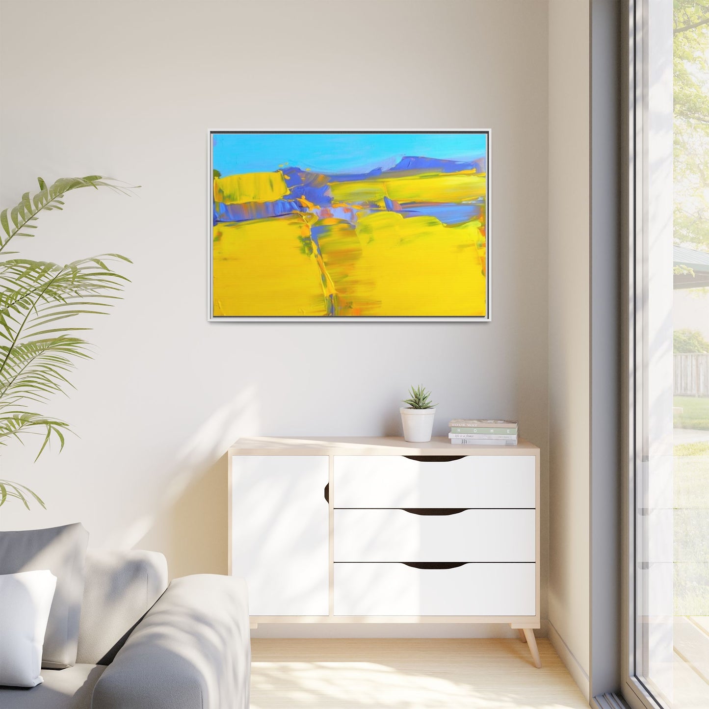 Framed Matte Canvas  Vibrant Yellow Blue Abstract Landscape Art