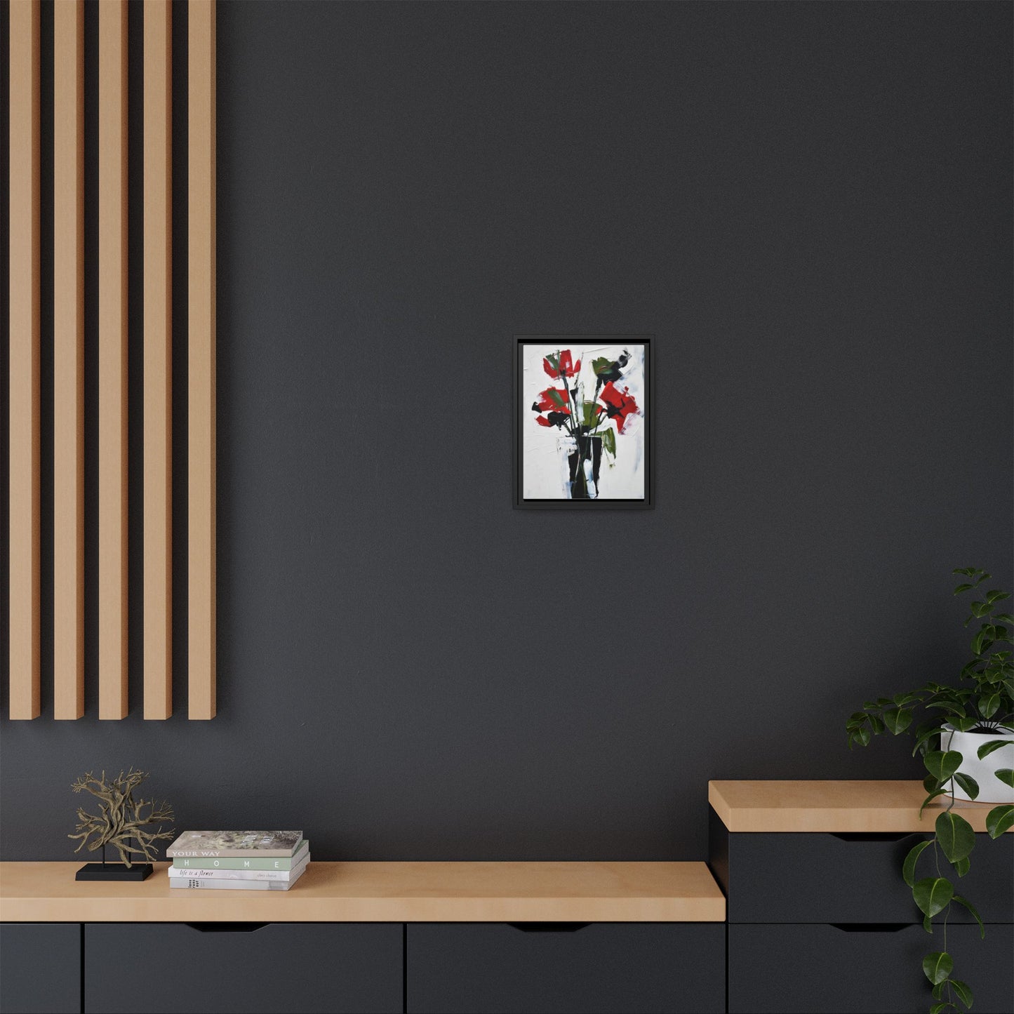 Framed Abstract Floral Canvas Print — Red Poppies in Black Vase