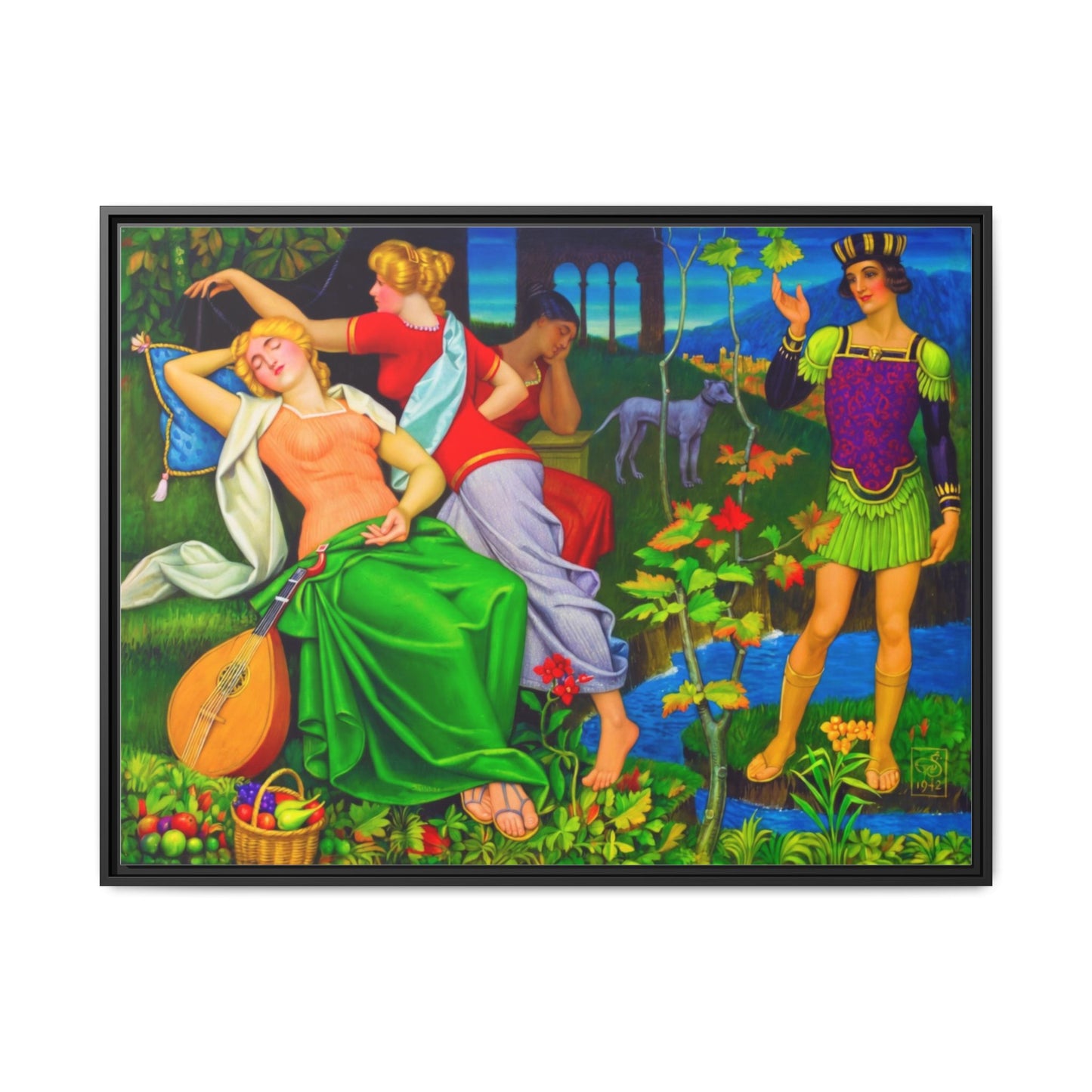 Framed Matte Canvas Art — Colorful Mythic Garden Scene