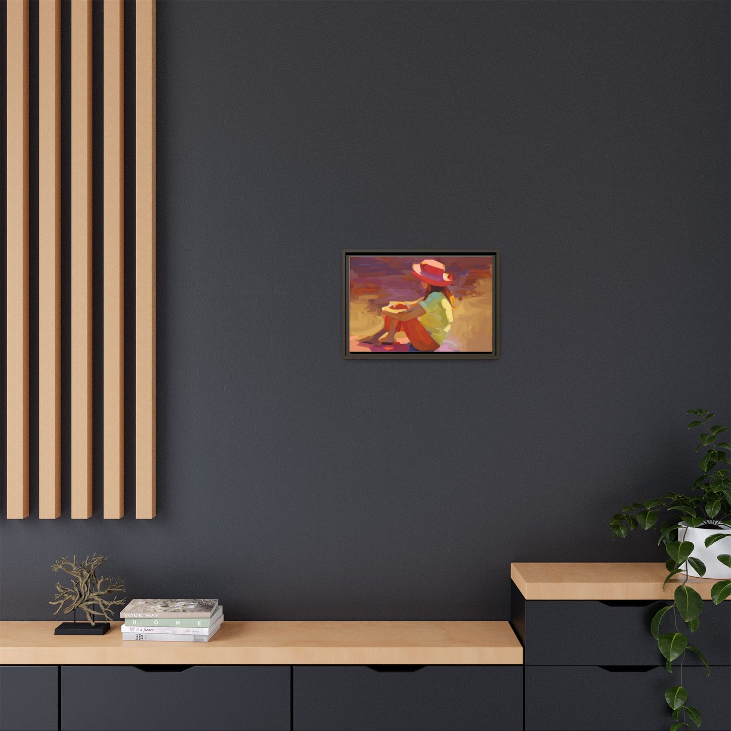Framed Matte Canvas — Colorful Seated Girl Beach Art