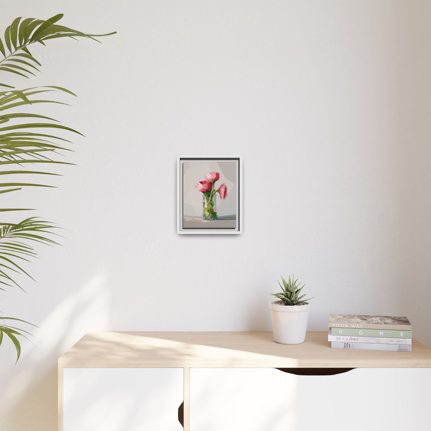 Framed Canvas Art — Pink Roses in Vase, Modern Floral Wall Print