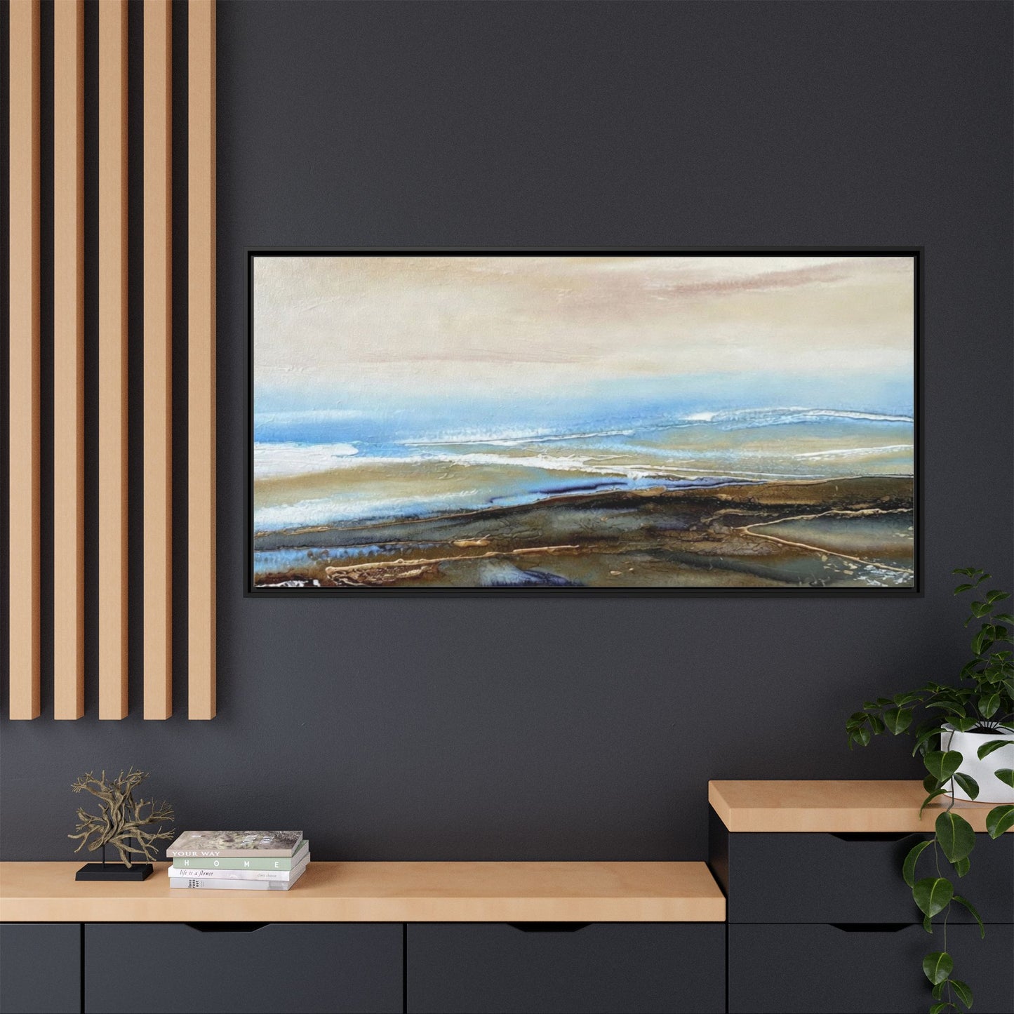 Framed Abstract Seascape Matte Canvas — Coastal Blue & Earth Tone Wall Art