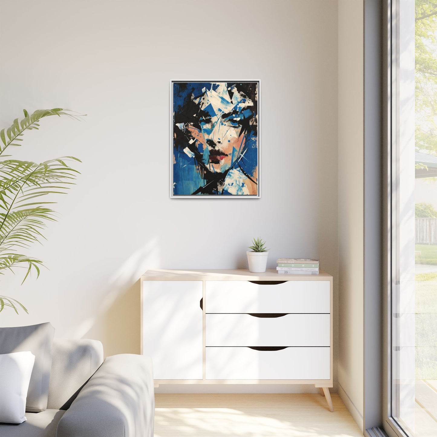 Abstract Portrait Matte Canvas Framed Wall Art — Blue Mixed-Media Face Print