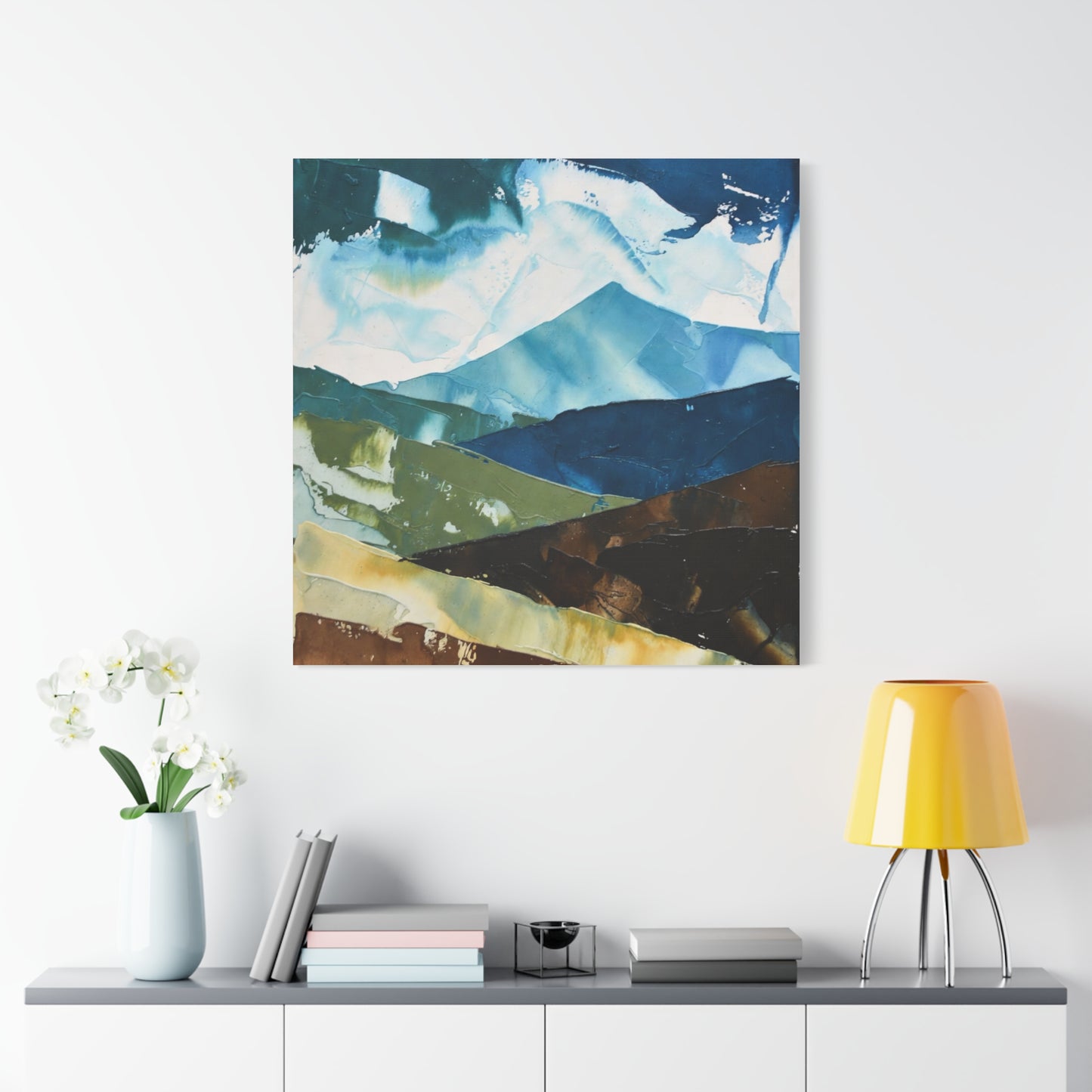 Abstract Mountain Landscape Matte Canvas Wall Art — Blue & Earth Tone Stretched Canvas