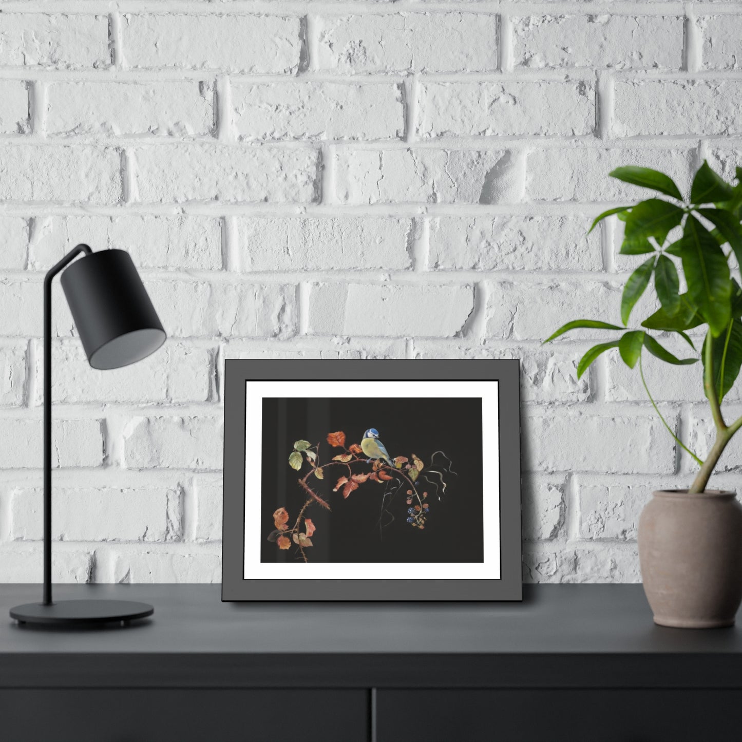 Framed Bird Print Poster — Vintage Botanical Bird Illustration on Black