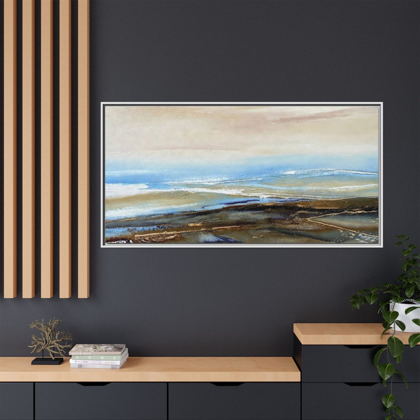 Framed Abstract Seascape Matte Canvas — Coastal Blue & Earth Tone Wall Art