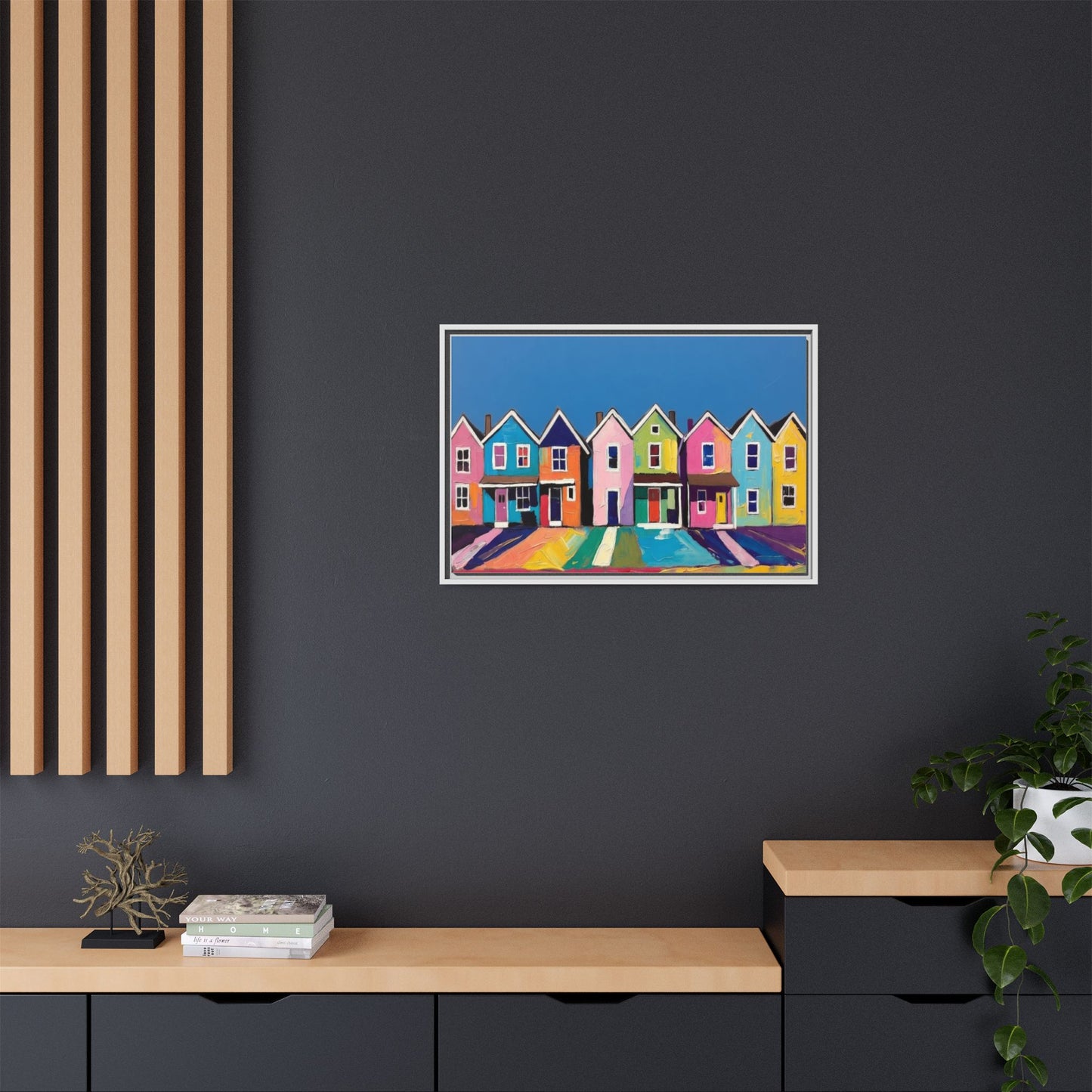 Colorful Beach Houses Matte Canvas Framed Wall Art
