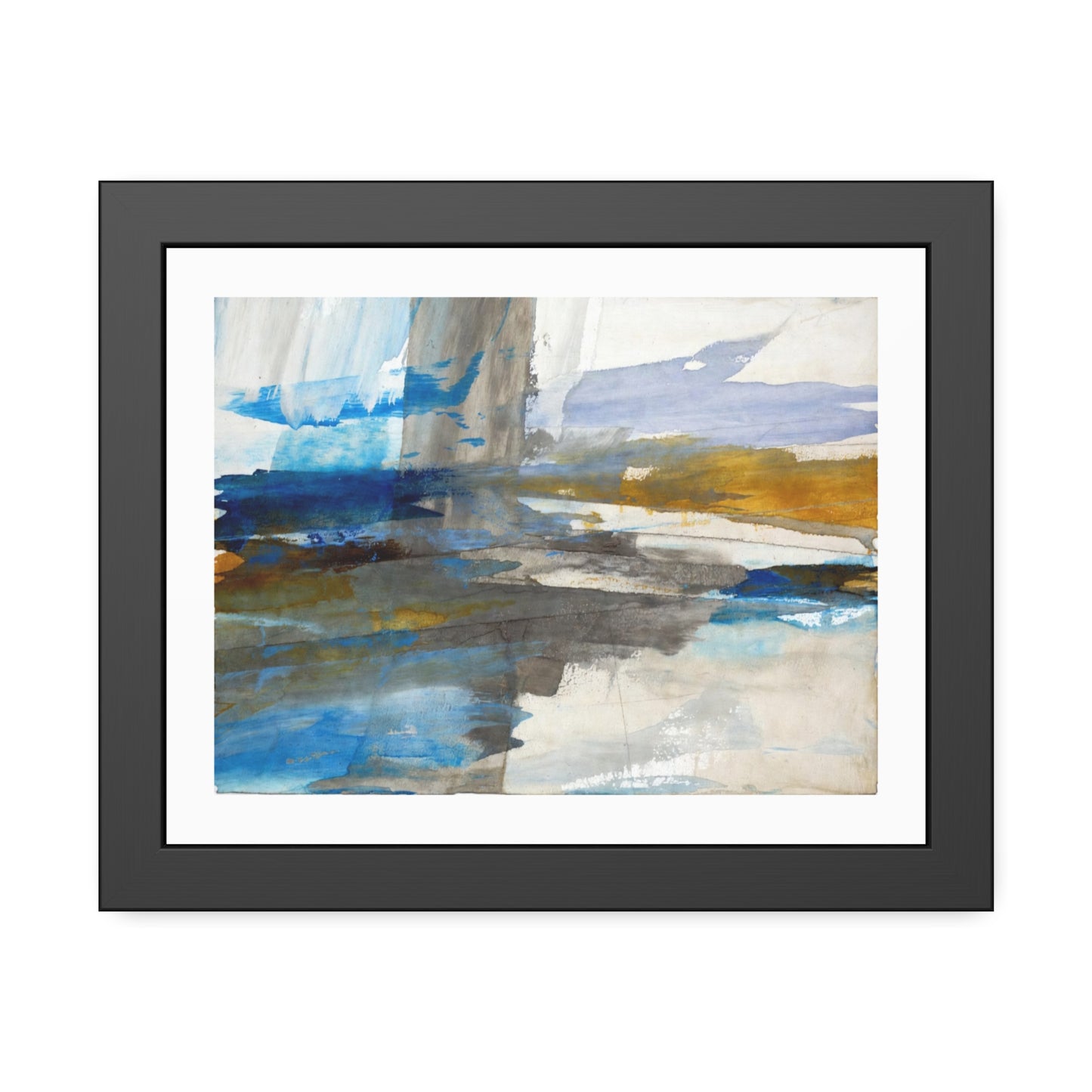 Abstract Coastal Waterscape Framed Poster — Blue & Gold Modern Wall Art