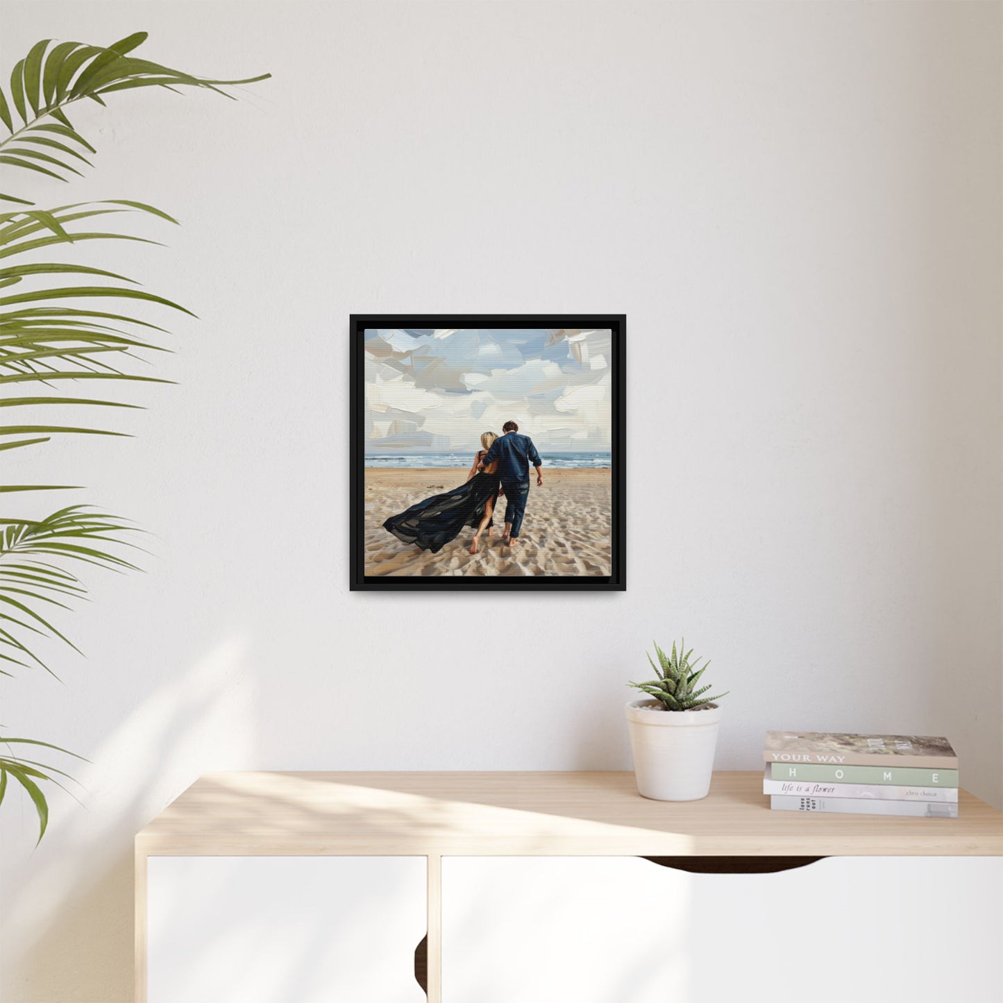 Framed Canvas Wall Art — Romantic Couple Walking on Beach Print