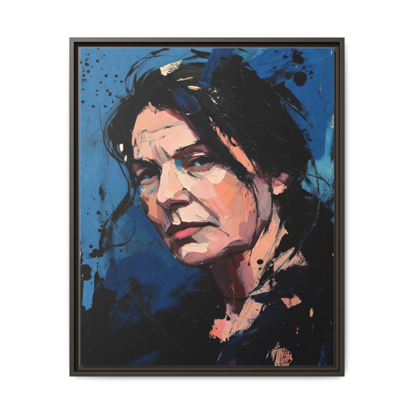 Framed Matte Canvas Portrait — Expressive Blue Painterly Woman Art