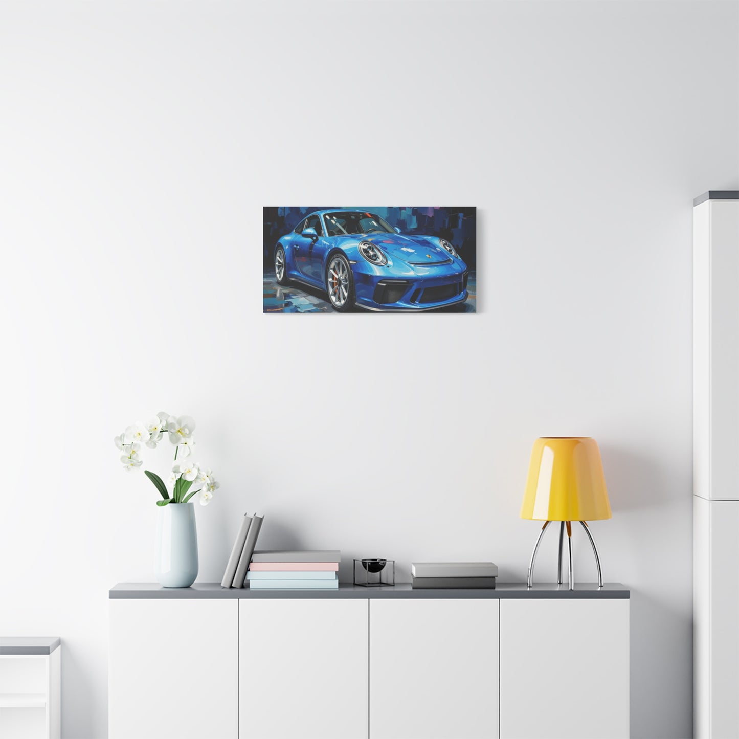 Blue Sports Car Canvas Wall Art — Modern Automotive Painting on Stretched Matte Canvas