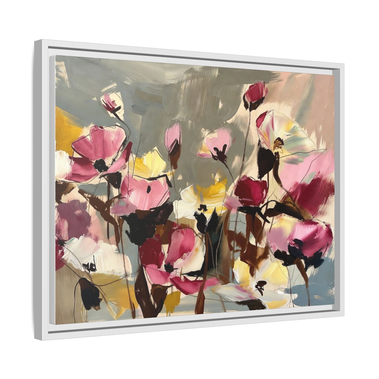 Framed Floral Canvas Wall Art — Abstract Pink & Yellow Flowers