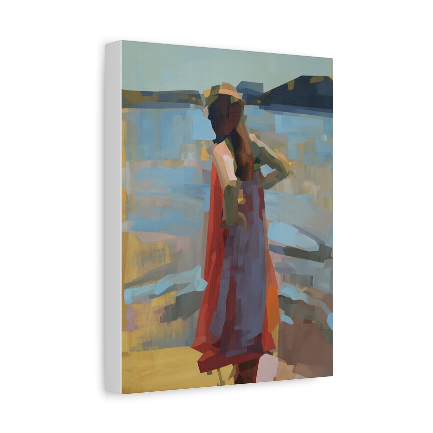 Coastal Stroll Matte Canvas Print — Abstract Woman in Red Dress, Stretched 1.25"