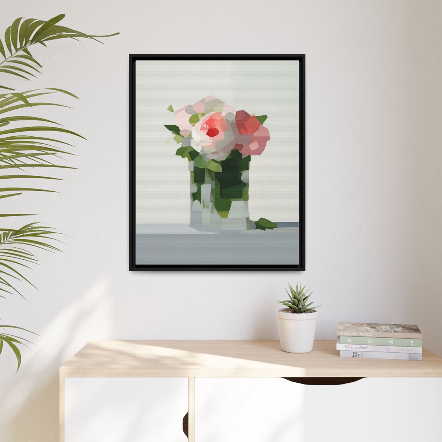 Framed Floral Canvas Print — Modern Pink Roses Still Life