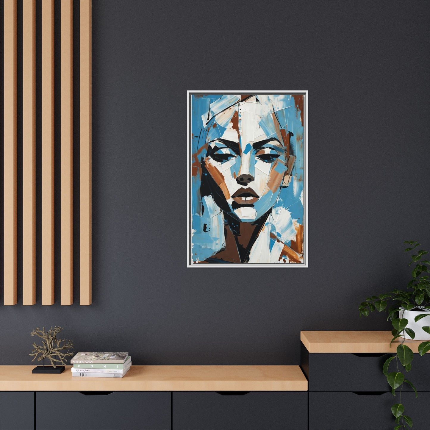 Abstract Blue Face Matte Canvas Wall Art — Framed Modern Portrait Print