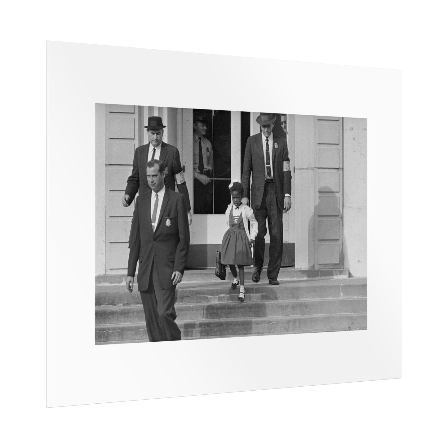 US Marshals with Young Ruby Bridges on School Steps by Unknown  Black & White Civil Rights Photograph Wall Art Print