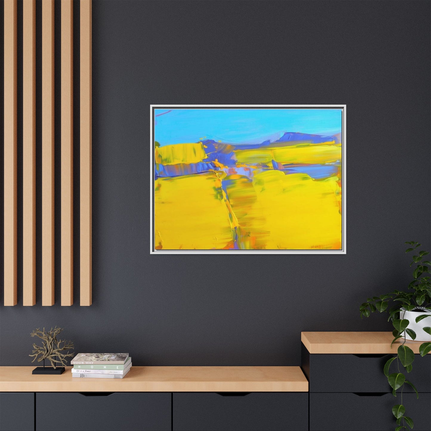 Framed Matte Canvas  Vibrant Yellow Blue Abstract Landscape Art