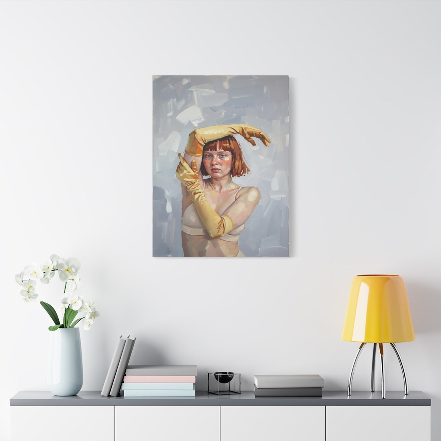 Portrait Canvas Print — Redheaded Woman with Yellow Gloves, Matte Stretched Art