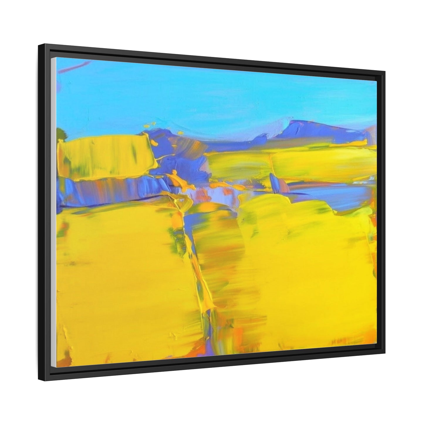 Framed Matte Canvas  Vibrant Yellow Blue Abstract Landscape Art