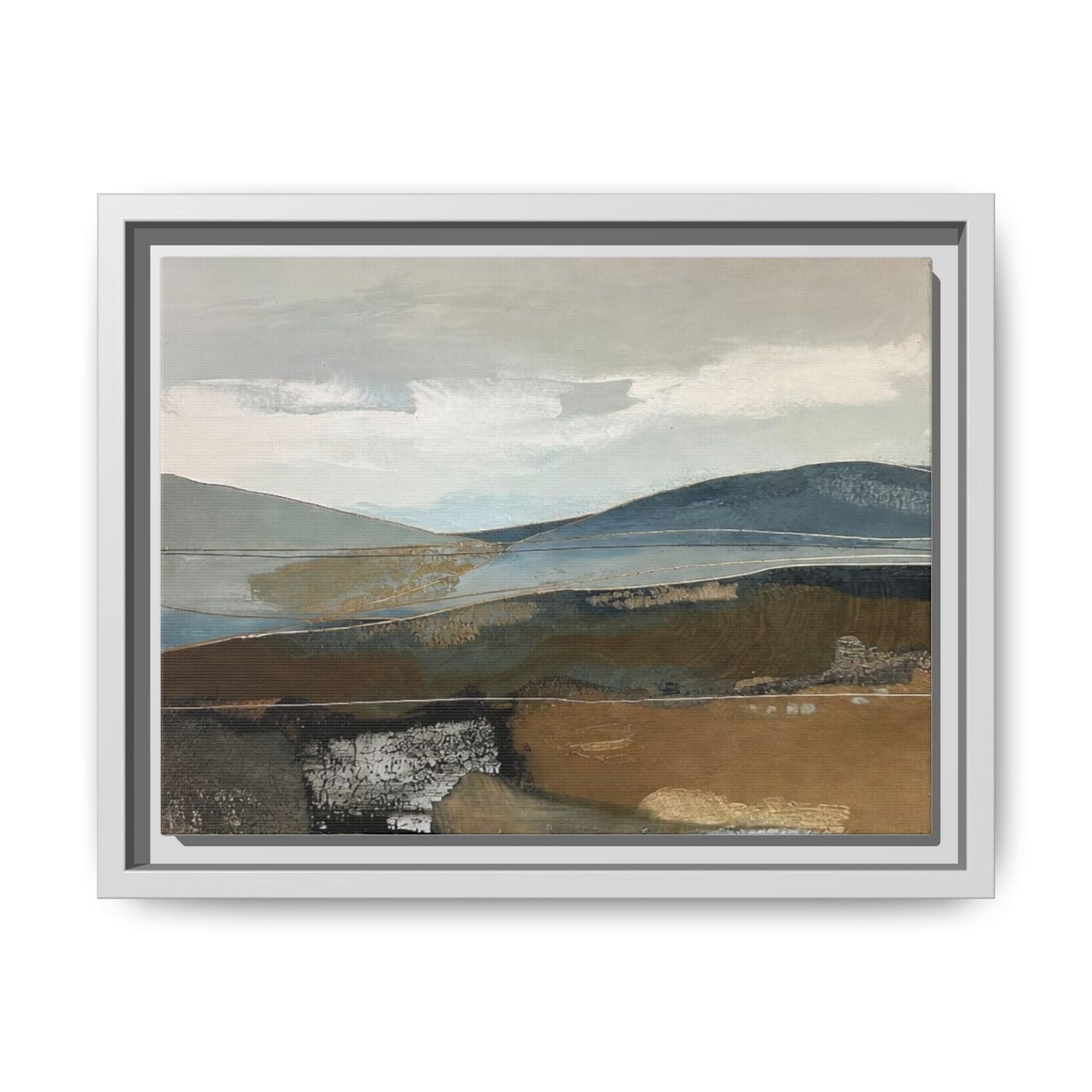 Framed Matte Canvas Landscape Art - Serene Abstract Hills in Blue & Earth Tones
